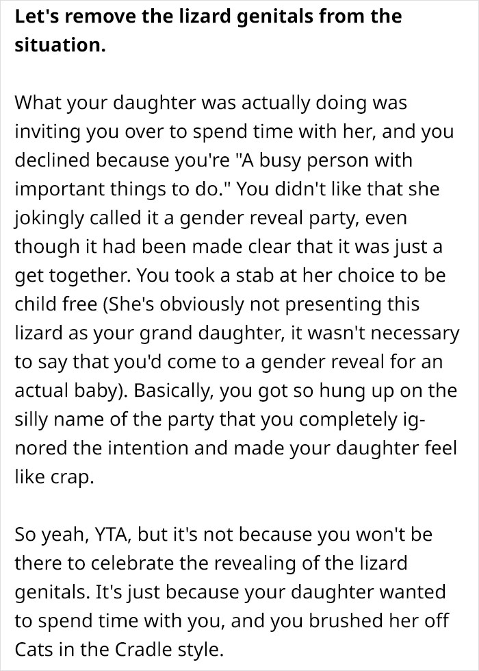 "Am I Wrong For Not Attending My Daughter's Gender Reveal For Her Lizard?"