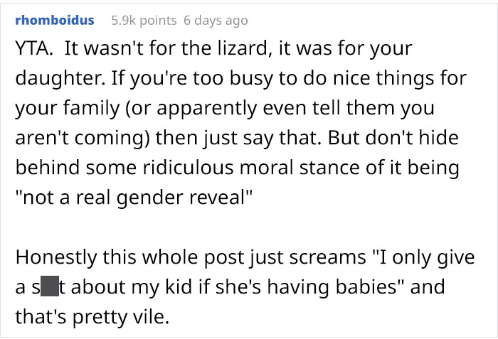 "Am I Wrong For Not Attending My Daughter's Gender Reveal For Her Lizard?"