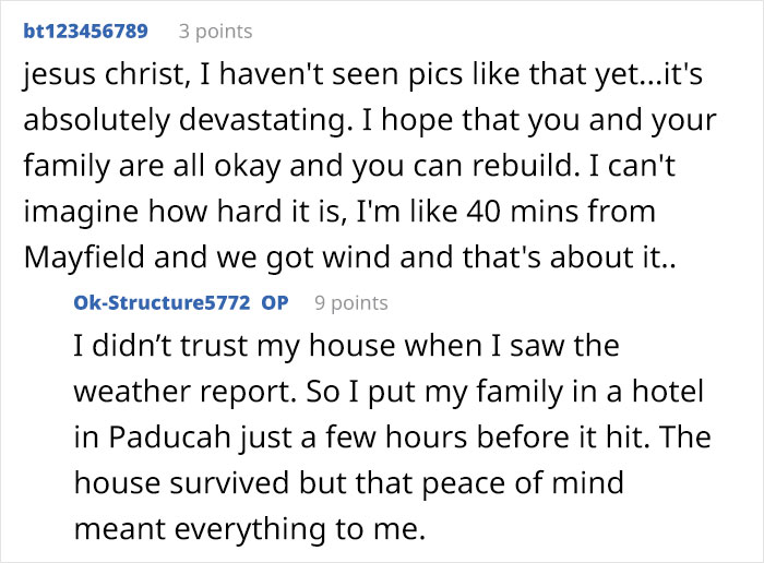 Reddit user shares comments on eye-opening photos of Mayfield tornado aftermath, highlighting devastation and survival stories. Reddit user shares comments on eye-opening photos of Mayfield tornado aftermath, highlighting devastation and survival stories.