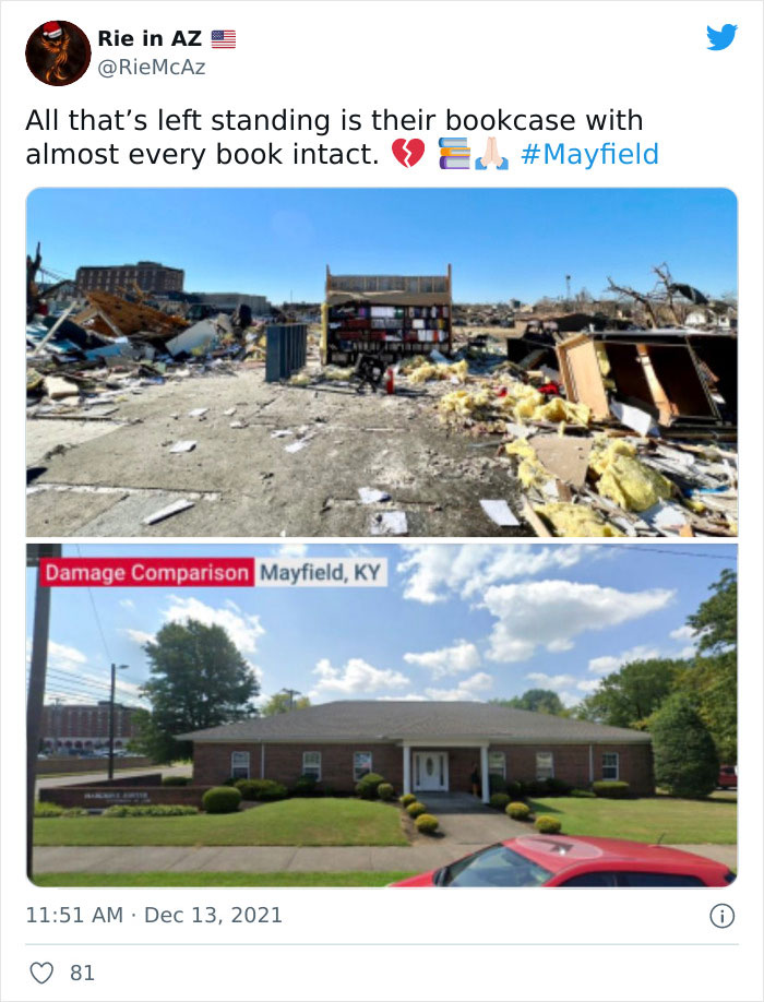 Mayfield tornado aftermath showing destruction with a single bookcase standing amid debris and damage comparison photos. Mayfield tornado aftermath showing destruction with a single bookcase standing amid debris and damage comparison photos.
