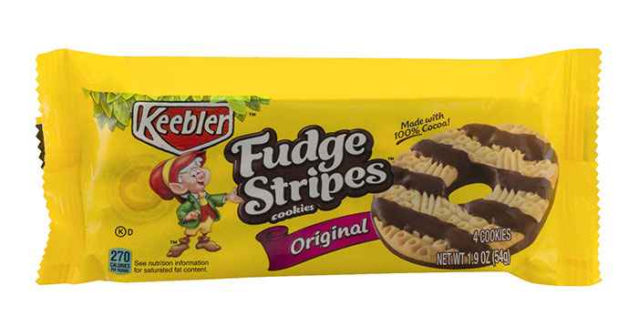 Keebler Fudge Stripes cookies package, evoking nostalgic 90s food memories.
