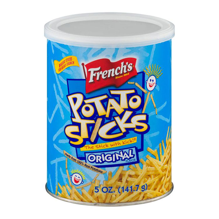 Can of French's Potato Sticks, a nostalgic 90s food favorite, featuring colorful packaging and cartoon imagery.