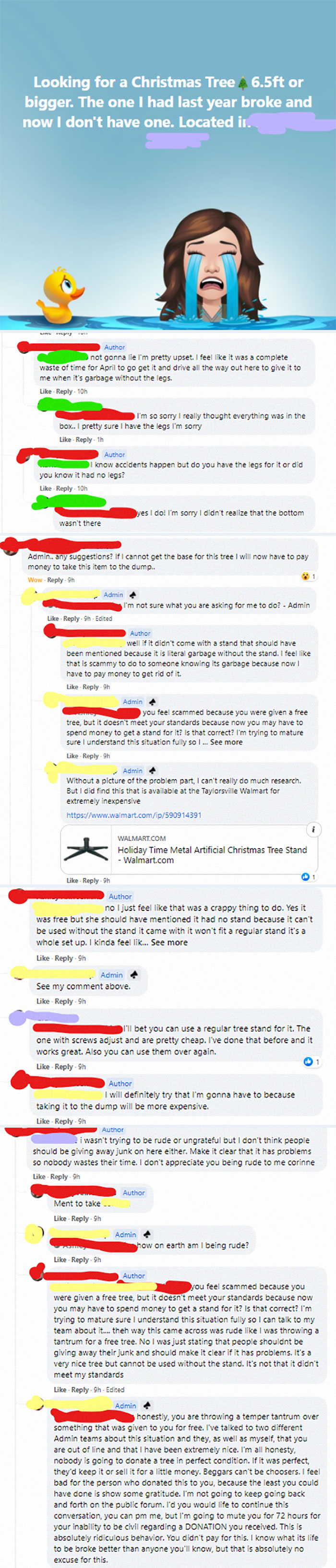 Local Needs Group. A Christmas Tree Is Requested. A Christmas Tree Is Given. But The Stand Was Lost Somewhere. Now Tree Recipient Has Useless Garbage From Jerks And Has To Haul It To The Dump