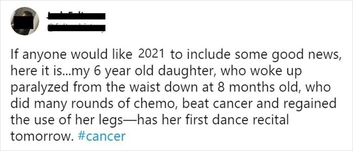 Screenshot of a heartfelt social media post sharing a cancer survivor's inspiring story from wholesome internet moments.