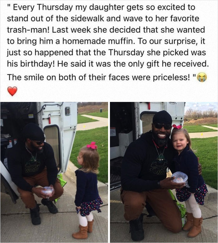 Little girl surprises trash collector with homemade muffin, a heartwarming moment from wholesome internet pictures to lift your spirits.