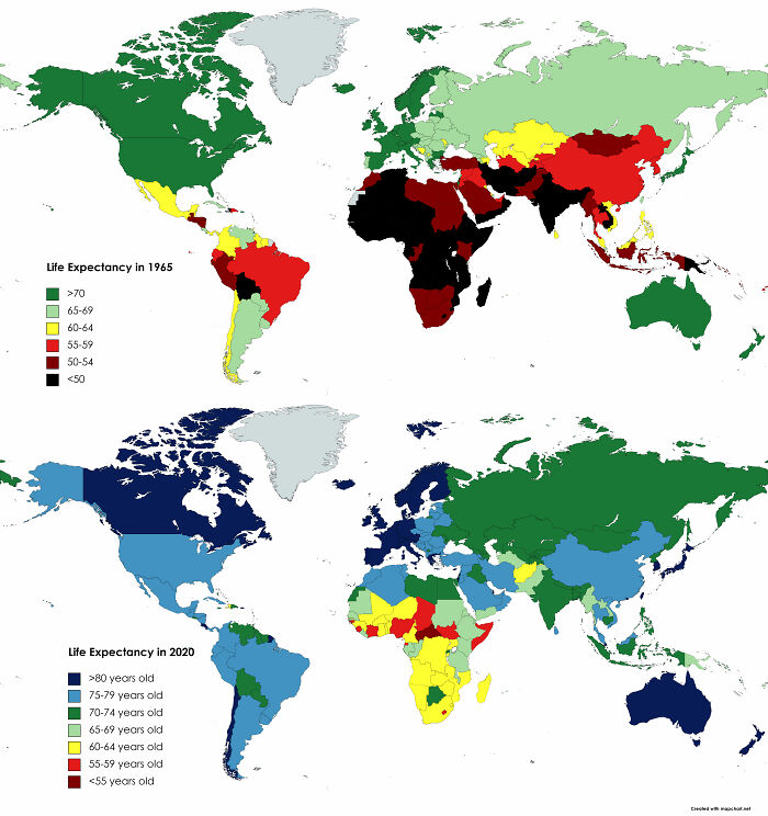 Life Expectancy By Country In 1965 vs. 2020