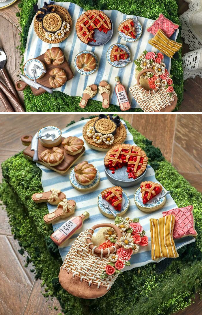 I Made A Picnic-Themed Birthday Cake For My Mother-In-Law. The Toppings Are All Individual Little Sugar Cookies