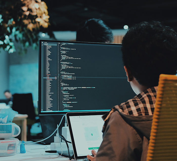 A boy in front of computer monitor