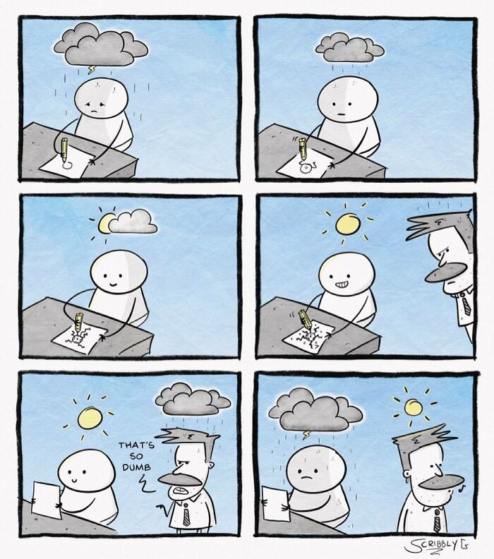 Funny comic with unexpected endings and a pinch of dark humor showing changing moods and reactions at a desk.