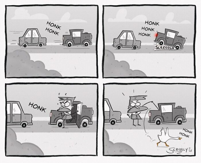 Black and white funny comic with unexpected endings showing a man reacting to honking cars and a goose honking at him.