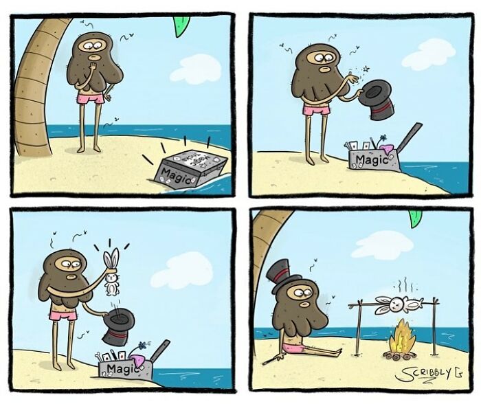 Funny comic with unexpected endings shows dark humor as character magically cooks a rabbit on a beach.