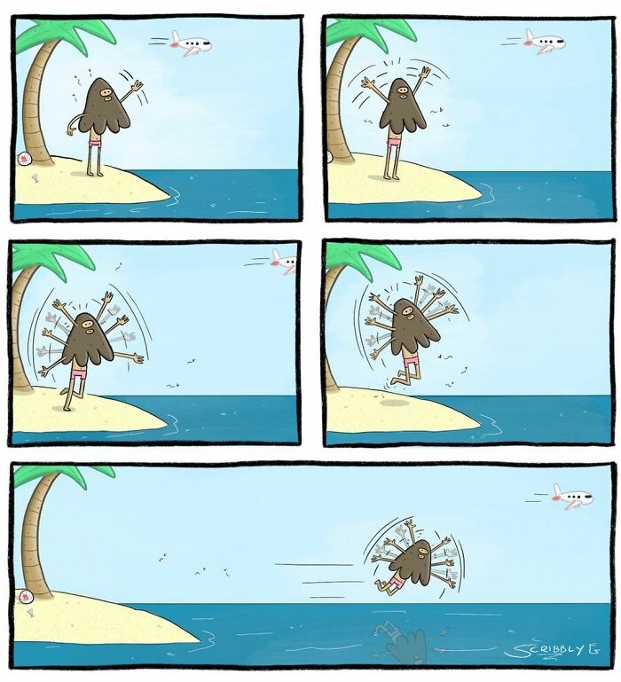 Funny comic with unexpected endings showing a character waving and spinning arms on a small island by the sea.