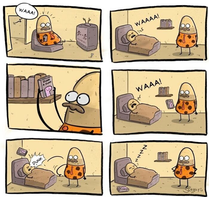 Comic strip by artist featuring funny dark humor and unexpected endings with quirky cartoon characters.