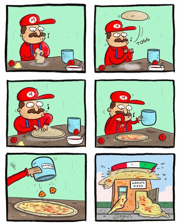 Cartoon comic with unexpected ending showing man making a pizza that turns into a pizza shop in dark humor style.