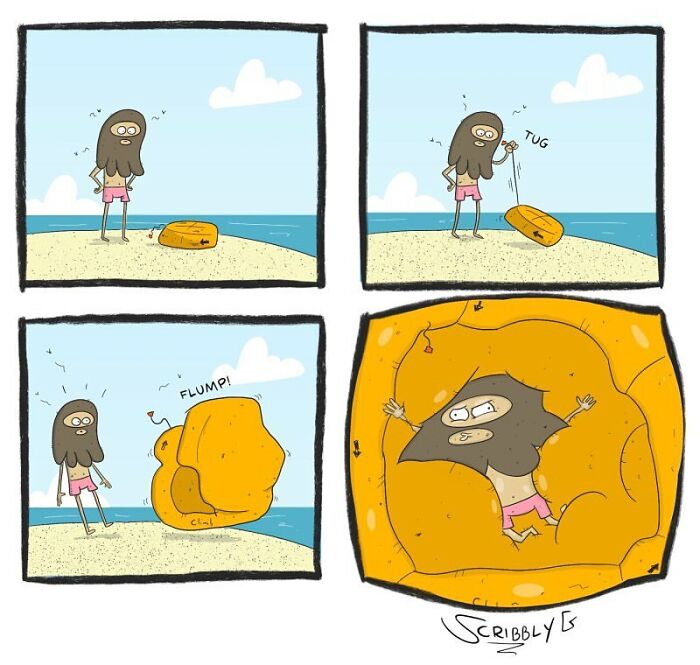 Comic strip showing a character interacting with a funny unexpected ending, illustrating dark humor in the artwork.