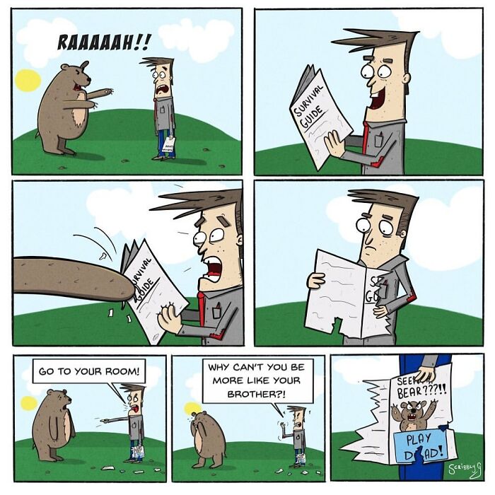 Comic panels showing a man facing a bear with a funny comic twist and unexpected dark humor in the survival guide.