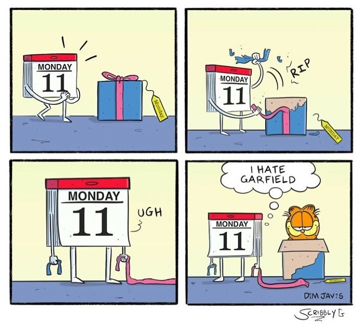 Comic strip featuring a calendar character and Garfield, showcasing funny comics with unexpected endings and dark humor.