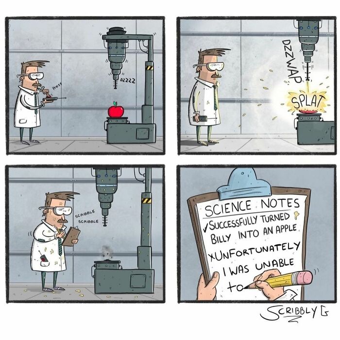 Comic with dark humor shows a scientist turning a boy into an apple with an unexpected funny ending.