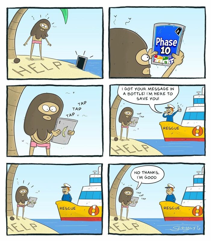 Comic strip with dark humor showing a character sending a digital message instead of a bottle for rescue.