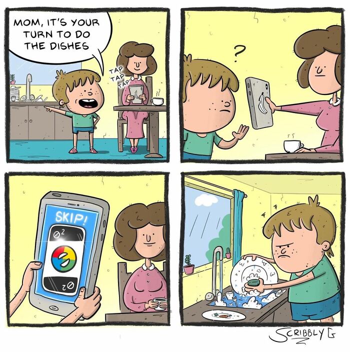 Comic shows a funny scene with dark humor where a mom avoids dishes using a tablet with unexpected ending.