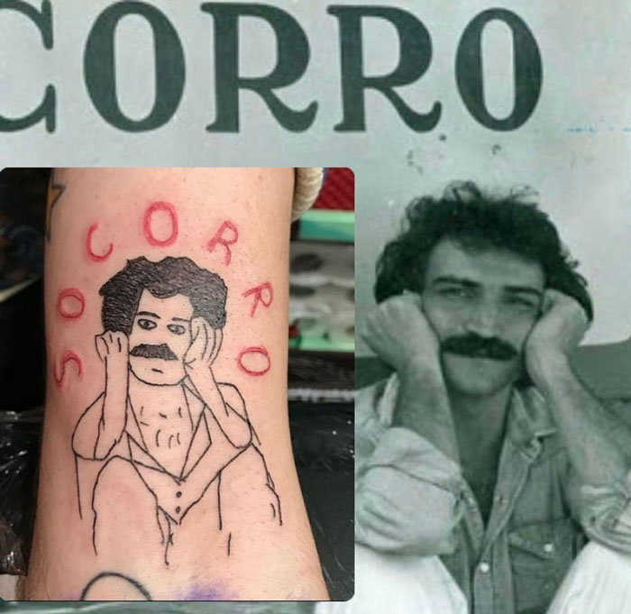 Tattoo of man with mustache and "SOCORRO" text, inspired by a vintage photo. Unique tattoo design by artist.
