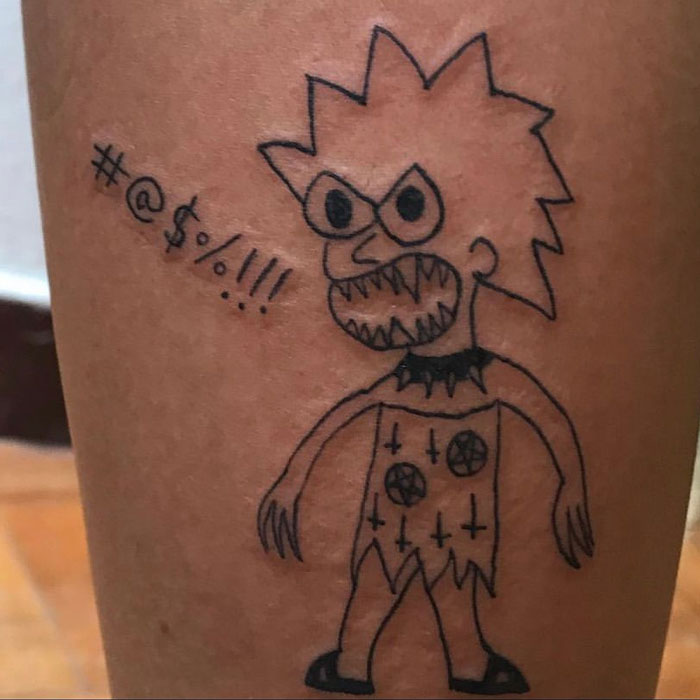 Simple cartoon-style tattoo with spiky hair and expressions, featuring abstract symbols, known for unique design approach.