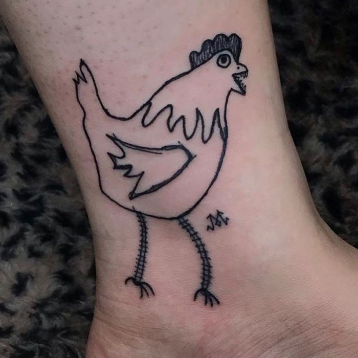 Simple chicken tattoo by a tattoo artist known for unique designs, showcasing humorous and charming art.