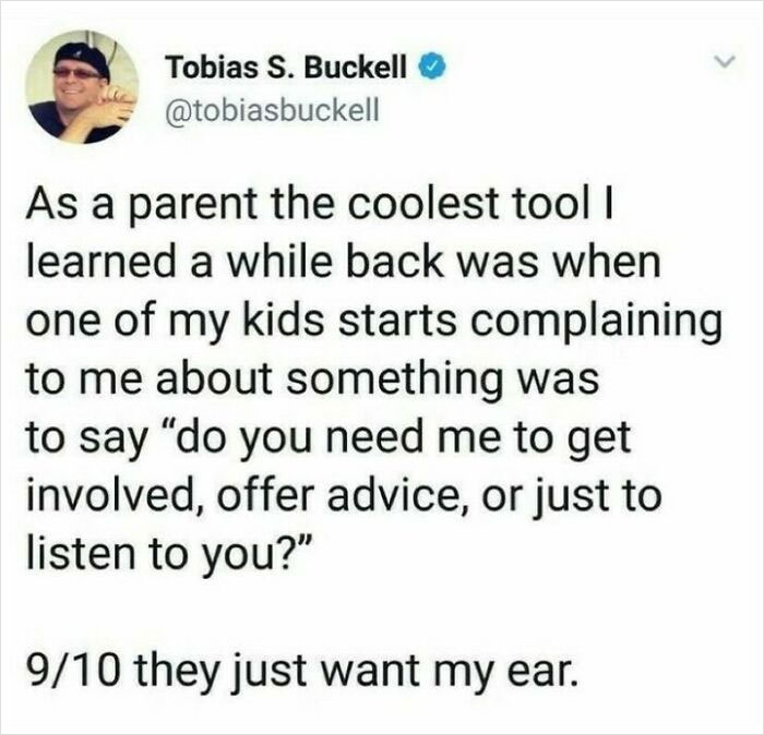 Tweet from Tobias S. Buckell sharing a heartwarming parenting tip from wholesome internet content about listening to kids.