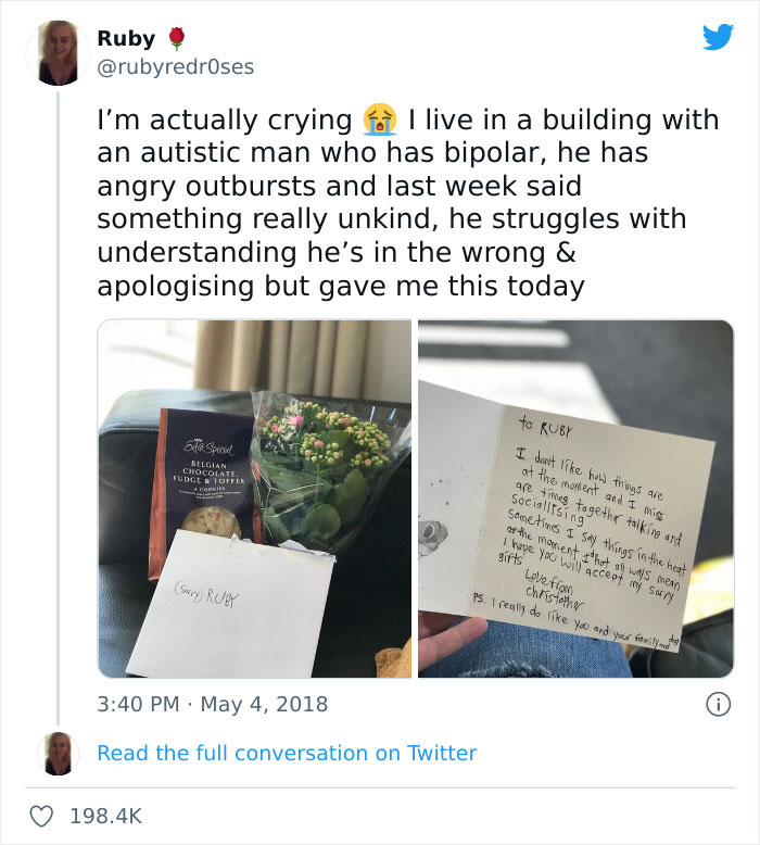 A heartfelt apology card, flowers, and chocolates shared on a wholesome meets the internet account post.