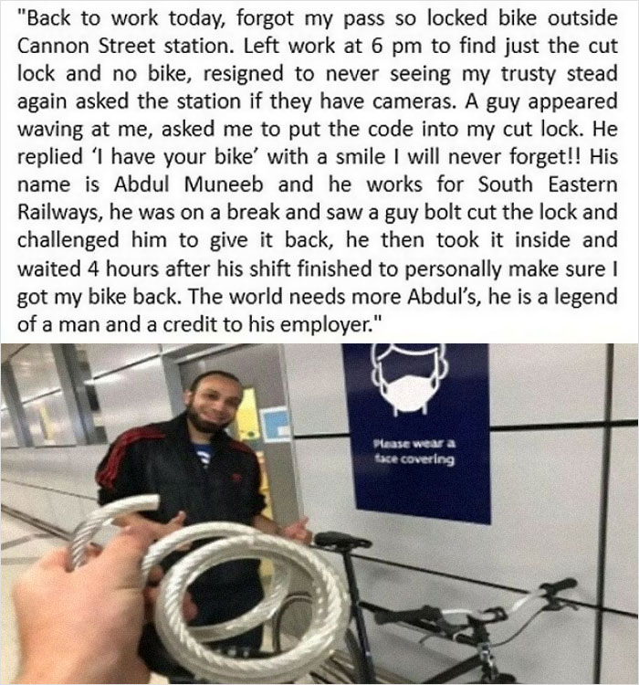 Man holding cut bike lock with a smiling railway worker who saved the bike in a heartwarming wholesome internet story.