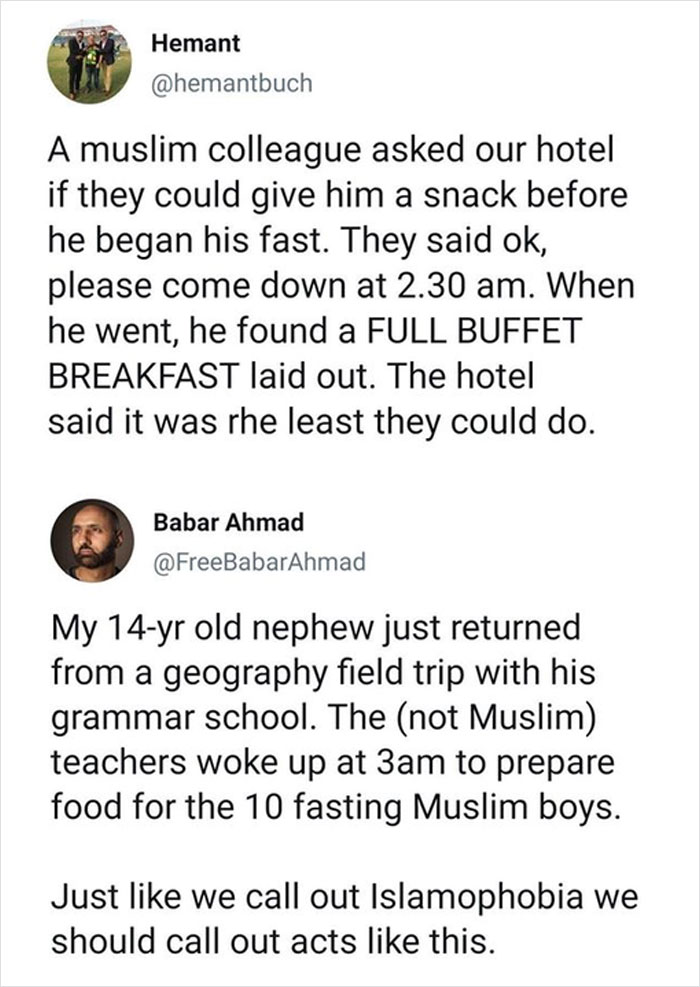 Heartwarming social media posts showing kindness to fasting Muslim colleagues and students from the wholesome internet account.