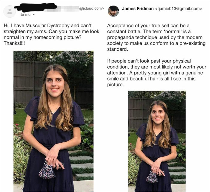 Young woman with Muscular Dystrophy smiling genuinely in a heartfelt wholesome internet picture to lift spirits up.