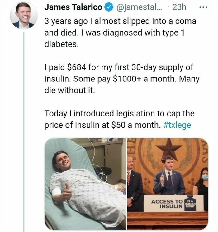 Tweet about insulin costs and legislation with images of a patient in hospital and advocacy for insulin access policy.