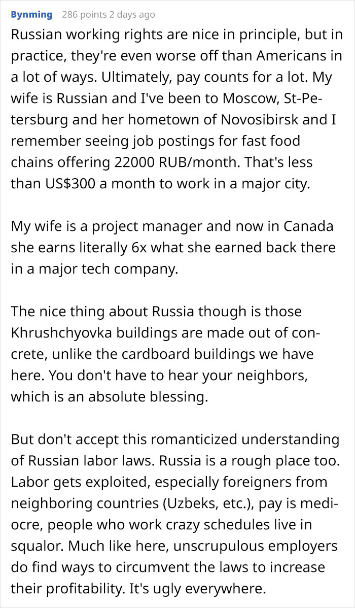 "From Russia With Love:" Shocked About Working Conditions In The USA, Person Lists What It's Like In Russia