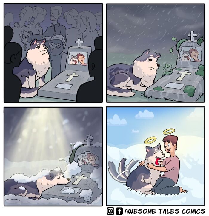 Comic panels showing a dog visiting a grave, highlighting absurd situations and unexpected endings in the artist’s work.