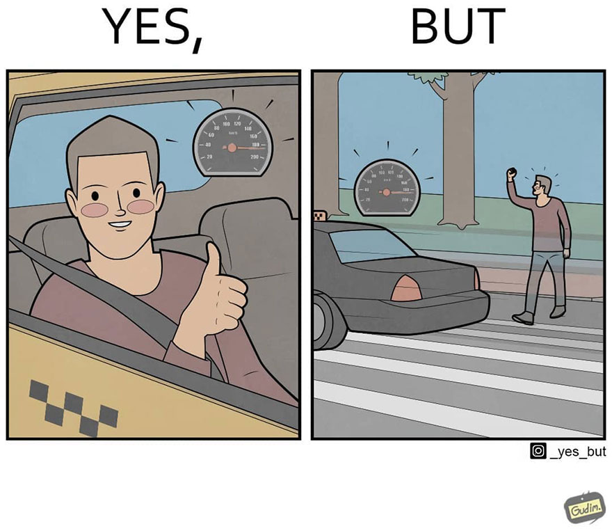 Sarcastic comics highlighting contradictory society, showing a driver giving a thumbs-up and a pedestrian raising a fist.