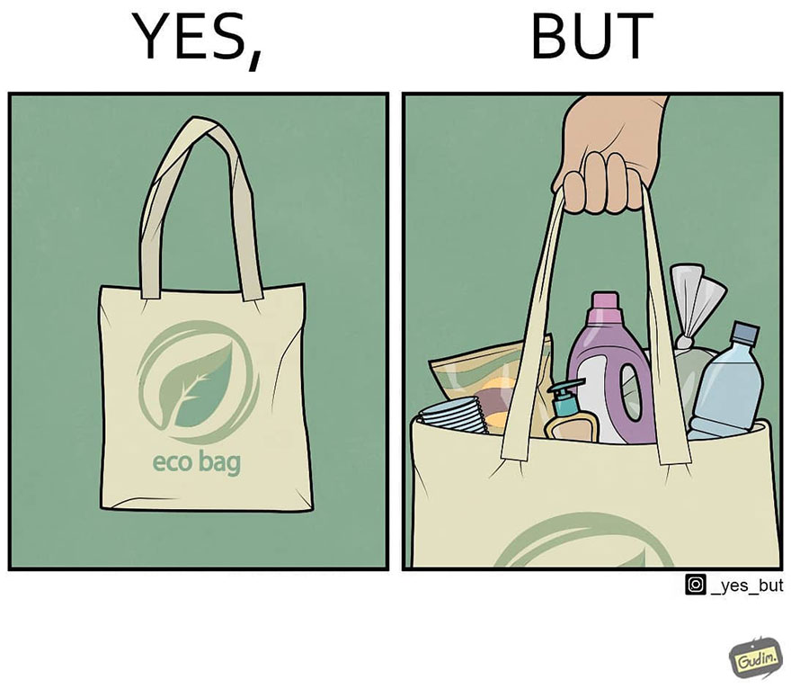 Sarcastic comic illustrating contradictory society with an eco bag filled with non-eco products.