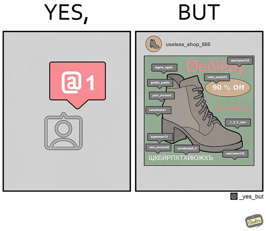 Sarcastic comic illustrating contradictory society, featuring a mention notification and a tagged shoe advertisement.