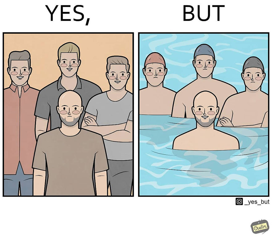 Sarcastic comic showing contradiction: a group of men on land and the same group in water, titled "Yes, But".