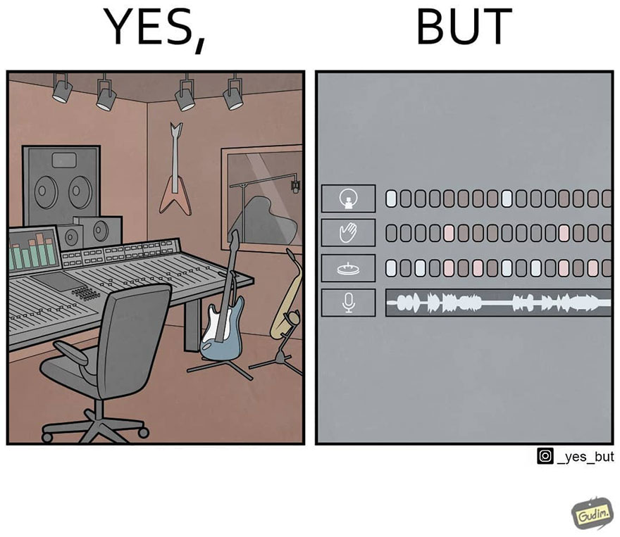 Sarcastic comic showing a music studio on one side, digital audio representation on the other, highlighting societal contradictions.