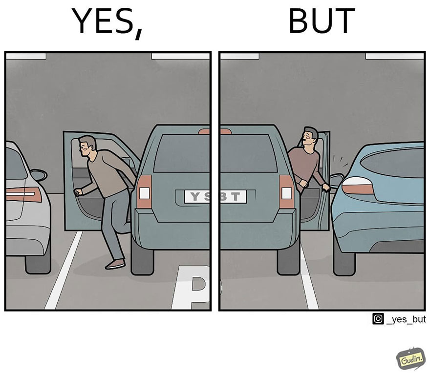 Comic showing a contradictory parking scene, highlighting sarcastic commentary on society.