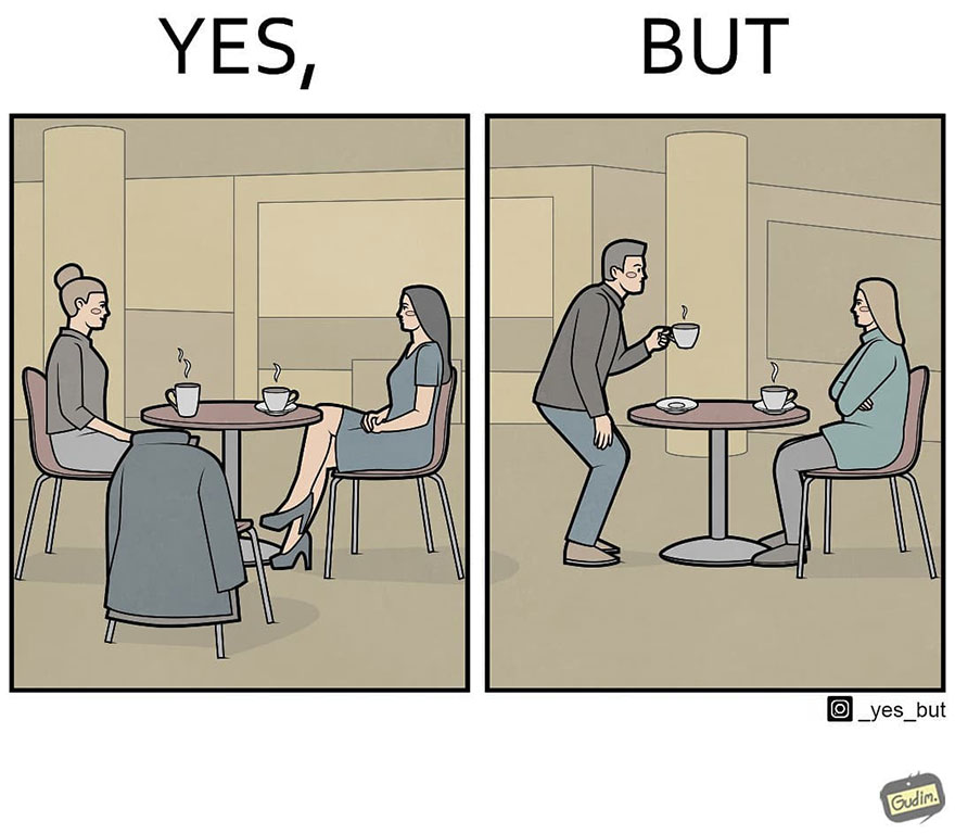 Comic depicting a sarcastic scene of contradictions in society: two different interactions over coffee.