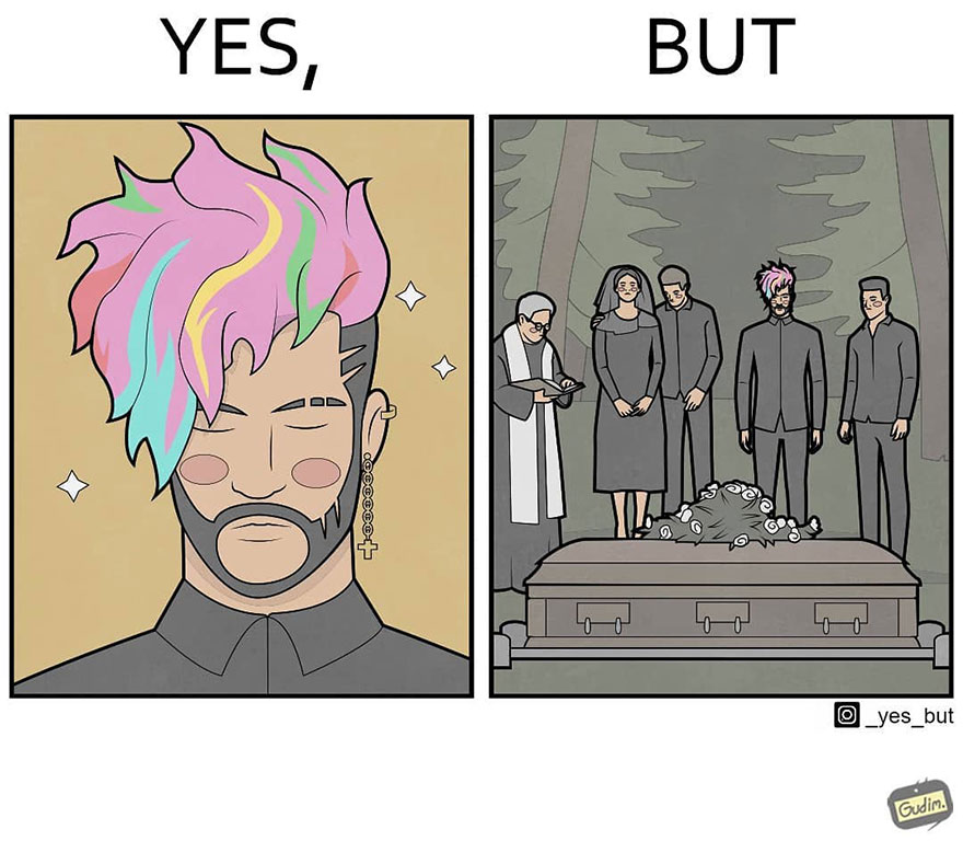Sarcastic comic depicting a man with colorful hair at a funeral, highlighting society's contradictions.