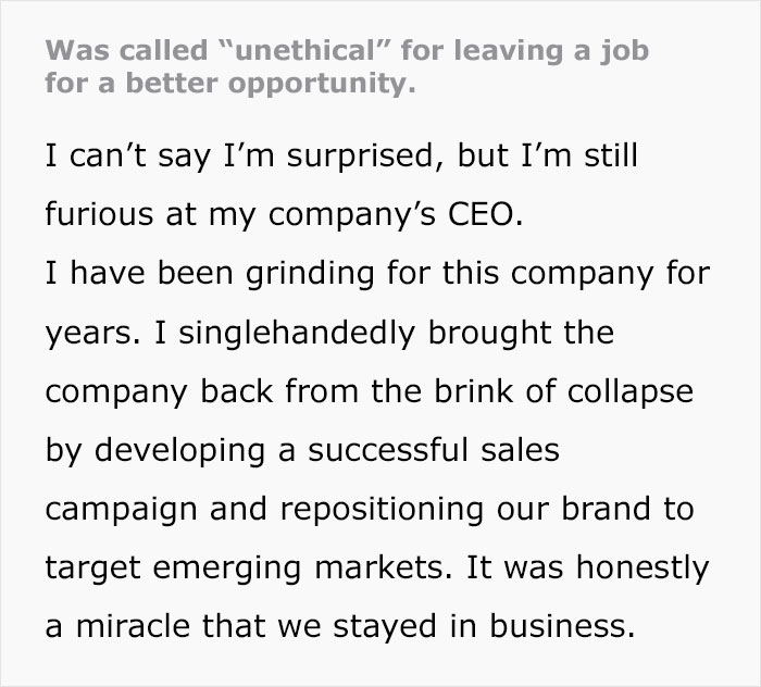 Ex-Employee Called "Unethical" For Leaving For A Better Job Because The Whole Company Relies On Him