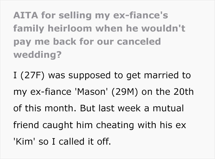 Cheating Ex-Fianc&eacute; Won't Pay For The Canceled Wedding Costs, So Woman Decides To Sell His Family Heirloom