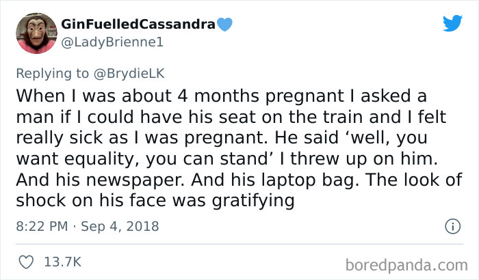 Tweet text about a pregnant woman asking for a seat and reacting humorously, from Marriage And Martinis posts.
