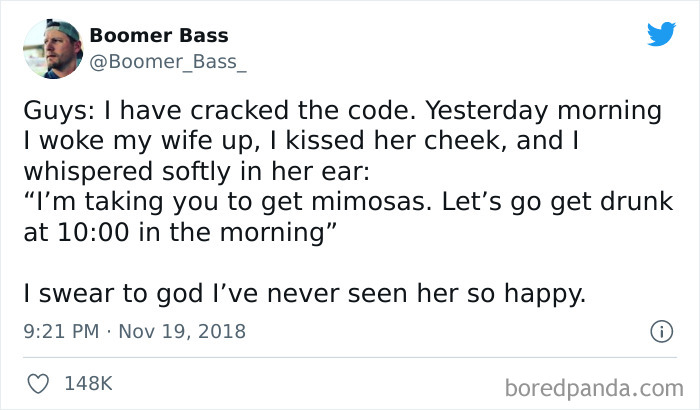 Tweet from Marriage and Martinis IG page about waking wife for mimosas and funny marriage moments with humor and love.