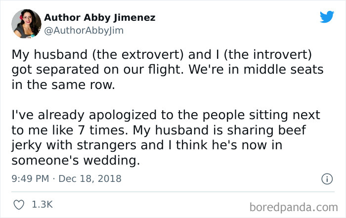 Tweet by Author Abby Jimenez sharing a funny marriage and martinis post about an introvert and extrovert on a flight.