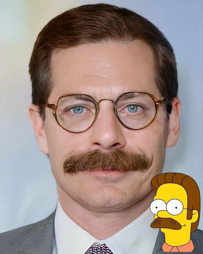 ai recreation of appearance in real life of Ned Flanders character from the cartoon 