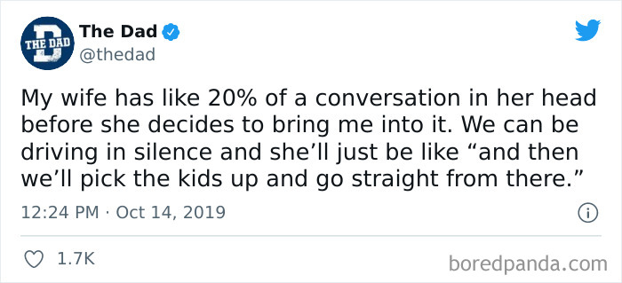 Tweet from The Dad sharing a funny marriage post about conversations, related to marriage and martinis humor.